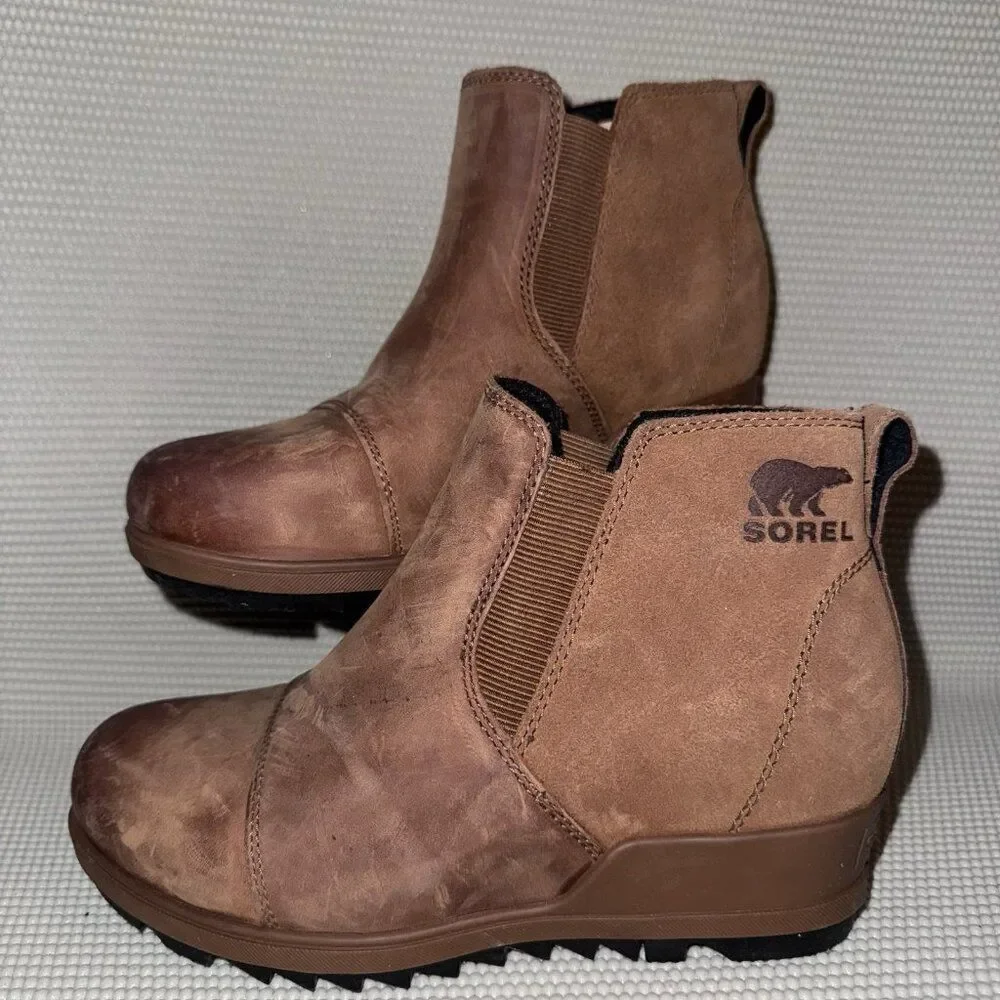 SOREL Evie Cognac Brown Leather Fashion Wedge Ankle Boots Booties Womens Size 6